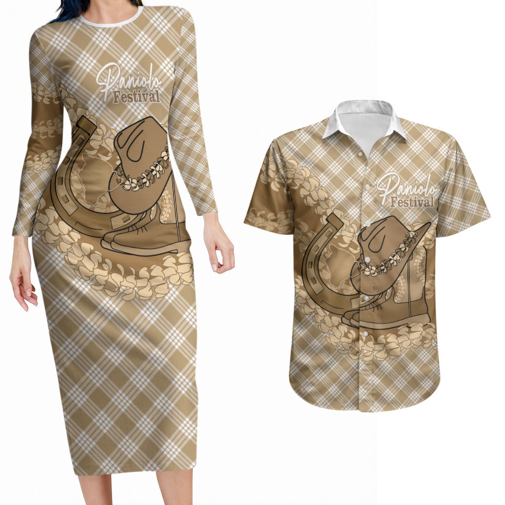 Makue Hawaii Cowboy Palaka Motifs Personalised Couples Matching Long Sleeve Bodycon Dress and Hawaiian Shirt Paniolo Festival Puakenikeni Lei LT14 Brown - Polynesian Pride