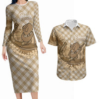 Makue Hawaii Cowboy Palaka Motifs Personalised Couples Matching Long Sleeve Bodycon Dress and Hawaiian Shirt Paniolo Festival Puakenikeni Lei LT14 Brown - Polynesian Pride