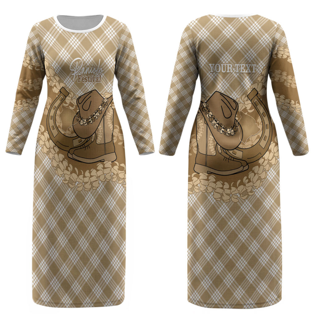 Makue Hawaii Cowboy Palaka Motifs Personalised Couples Matching Long Sleeve Bodycon Dress and Hawaiian Shirt Paniolo Festival Puakenikeni Lei LT14 - Polynesian Pride
