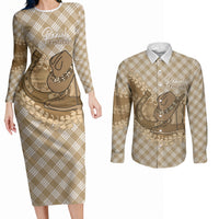 Makue Hawaii Cowboy Palaka Motifs Personalised Couples Matching Long Sleeve Bodycon Dress and Long Sleeve Button Shirt Paniolo Festival Puakenikeni Lei LT14 Brown - Polynesian Pride