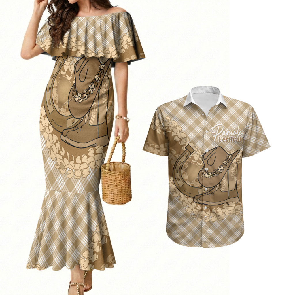 Makue Hawaii Cowboy Palaka Motifs Personalised Couples Matching Mermaid Dress and Hawaiian Shirt Paniolo Festival Puakenikeni Lei LT14 Brown - Polynesian Pride