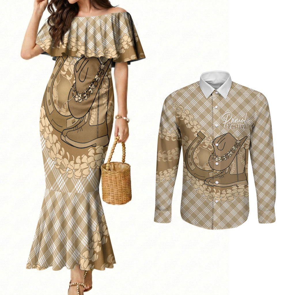 Makue Hawaii Cowboy Palaka Motifs Personalised Couples Matching Mermaid Dress and Long Sleeve Button Shirt Paniolo Festival Puakenikeni Lei LT14 Brown - Polynesian Pride