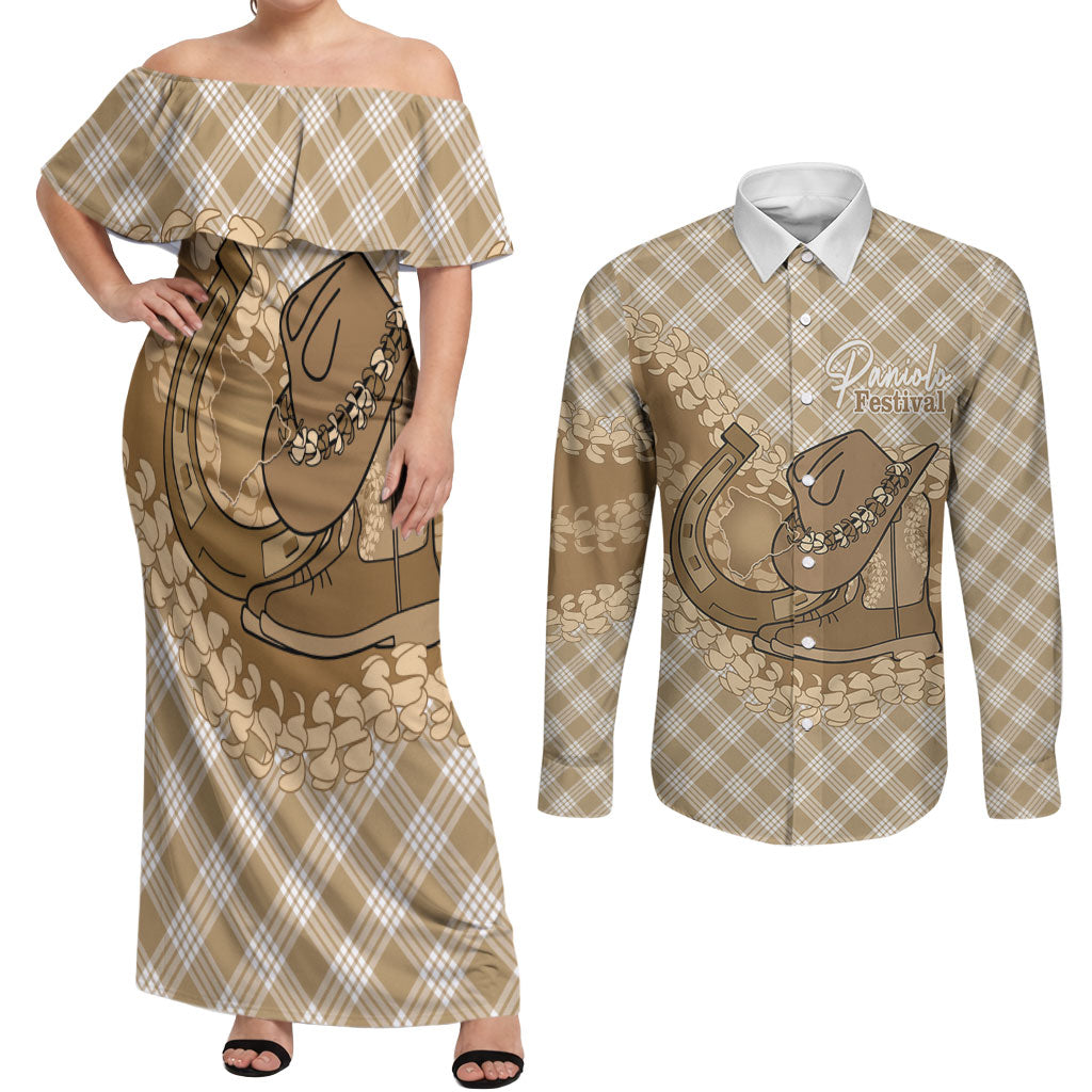 Makue Hawaii Cowboy Palaka Motifs Personalised Couples Matching Off Shoulder Maxi Dress and Long Sleeve Button Shirt Paniolo Festival Puakenikeni Lei LT14 Brown - Polynesian Pride