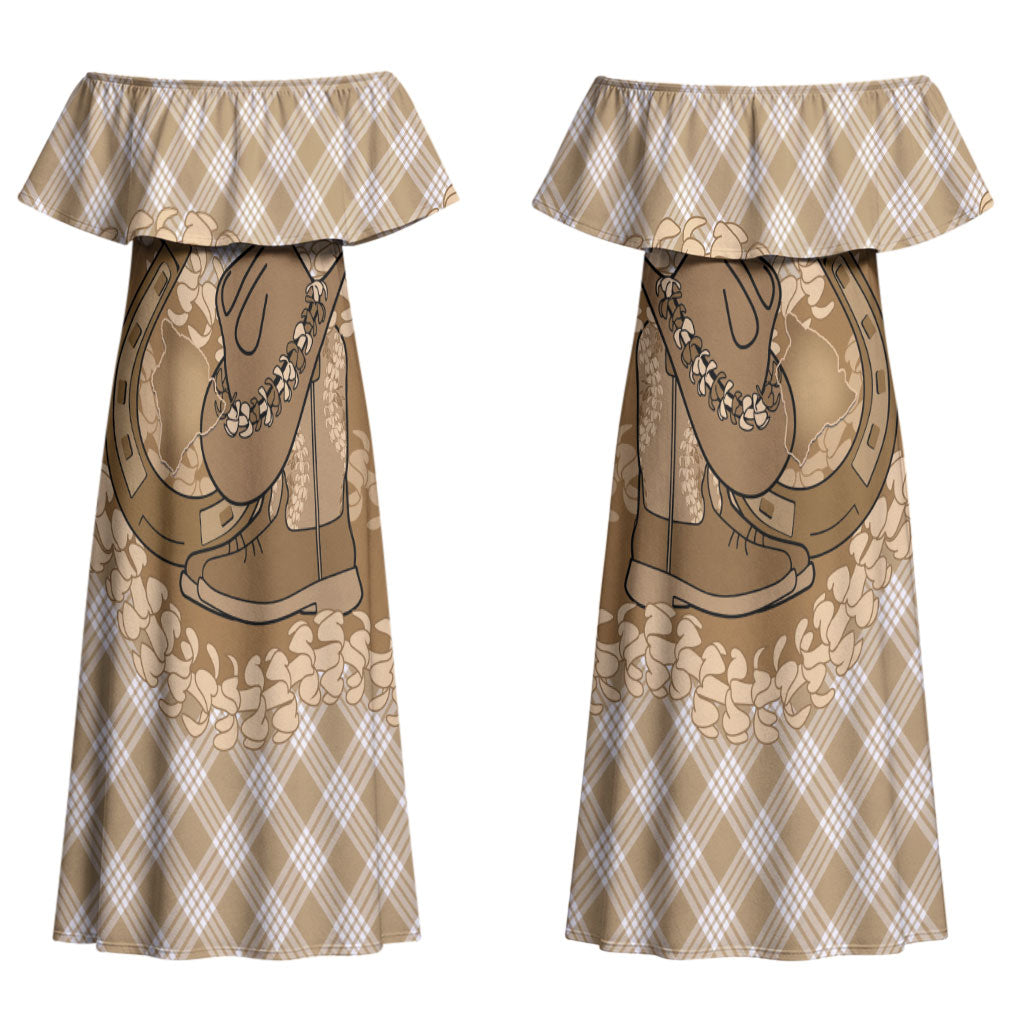 Makue Hawaii Cowboy Palaka Motifs Personalised Couples Matching Off Shoulder Maxi Dress and Long Sleeve Button Shirt Paniolo Festival Puakenikeni Lei LT14 - Polynesian Pride