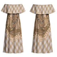 Makue Hawaii Cowboy Palaka Motifs Personalised Couples Matching Off Shoulder Maxi Dress and Long Sleeve Button Shirt Paniolo Festival Puakenikeni Lei LT14 - Polynesian Pride