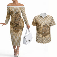 Makue Hawaii Cowboy Palaka Motifs Personalised Couples Matching Off The Shoulder Long Sleeve Dress and Hawaiian Shirt Paniolo Festival Puakenikeni Lei LT14 Brown - Polynesian Pride