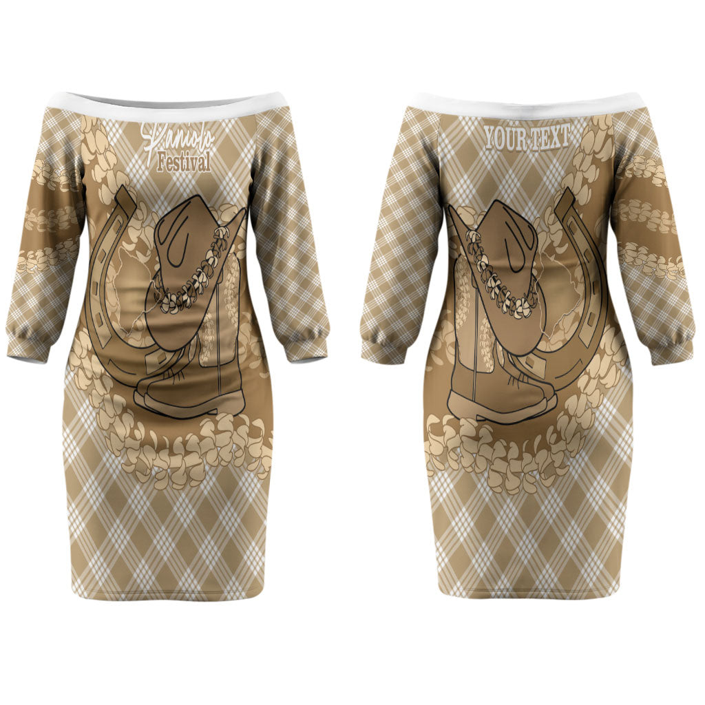 Makue Hawaii Cowboy Palaka Motifs Personalised Couples Matching Off The Shoulder Long Sleeve Dress and Hawaiian Shirt Paniolo Festival Puakenikeni Lei LT14 - Polynesian Pride