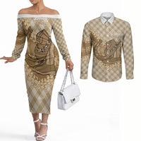 Makue Hawaii Cowboy Palaka Motifs Personalised Couples Matching Off The Shoulder Long Sleeve Dress and Long Sleeve Button Shirt Paniolo Festival Puakenikeni Lei LT14 Brown - Polynesian Pride