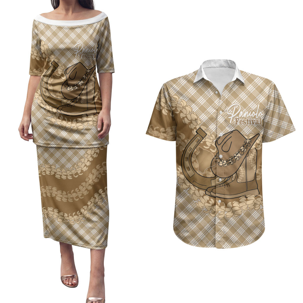Makue Hawaii Cowboy Palaka Motifs Personalised Couples Matching Puletasi and Hawaiian Shirt Paniolo Festival Puakenikeni Lei LT14 Brown - Polynesian Pride