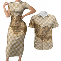 Makue Hawaii Cowboy Palaka Motifs Personalised Couples Matching Short Sleeve Bodycon Dress and Hawaiian Shirt Paniolo Festival Puakenikeni Lei LT14 Brown - Polynesian Pride
