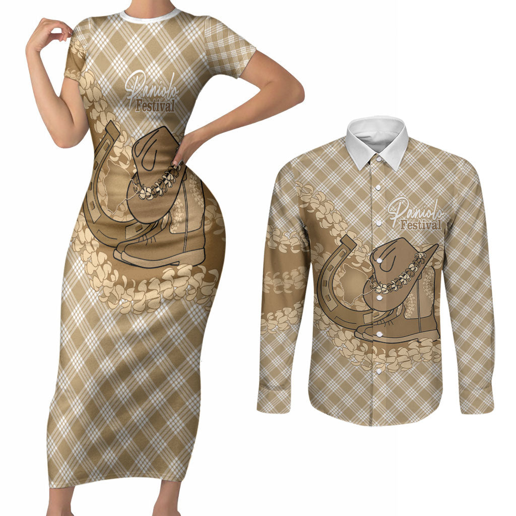 Makue Hawaii Cowboy Palaka Motifs Personalised Couples Matching Short Sleeve Bodycon Dress and Long Sleeve Button Shirt Paniolo Festival Puakenikeni Lei LT14 Brown - Polynesian Pride