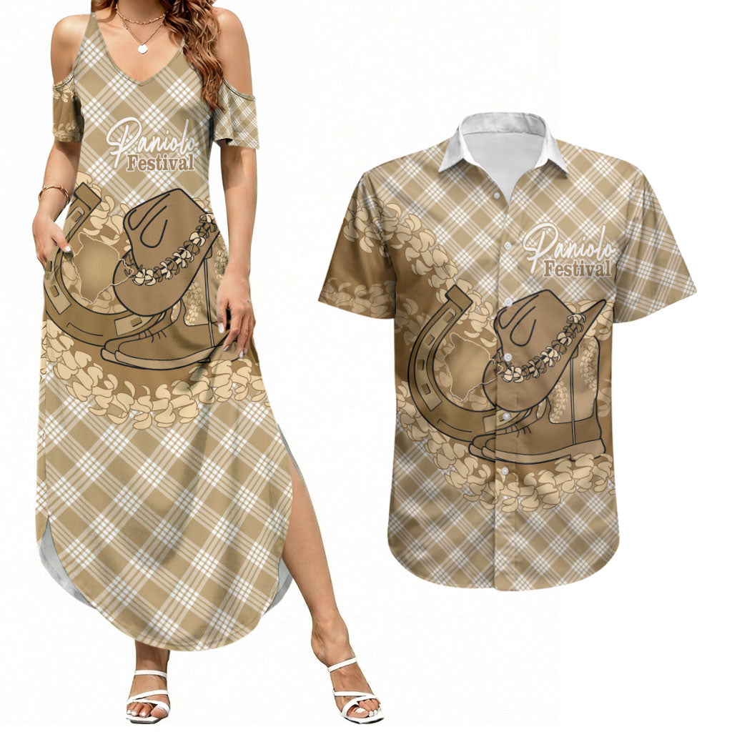 Makue Hawaii Cowboy Palaka Motifs Personalised Couples Matching Summer Maxi Dress and Hawaiian Shirt Paniolo Festival Puakenikeni Lei LT14 Brown - Polynesian Pride