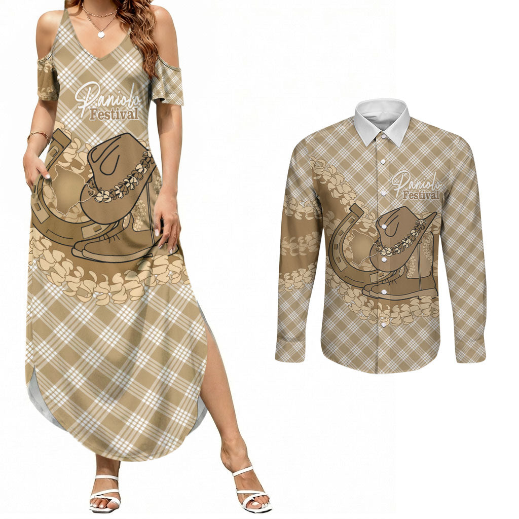 Makue Hawaii Cowboy Palaka Motifs Personalised Couples Matching Summer Maxi Dress and Long Sleeve Button Shirt Paniolo Festival Puakenikeni Lei LT14 Brown - Polynesian Pride