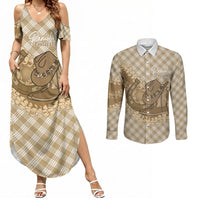 Makue Hawaii Cowboy Palaka Motifs Personalised Couples Matching Summer Maxi Dress and Long Sleeve Button Shirt Paniolo Festival Puakenikeni Lei LT14 Brown - Polynesian Pride