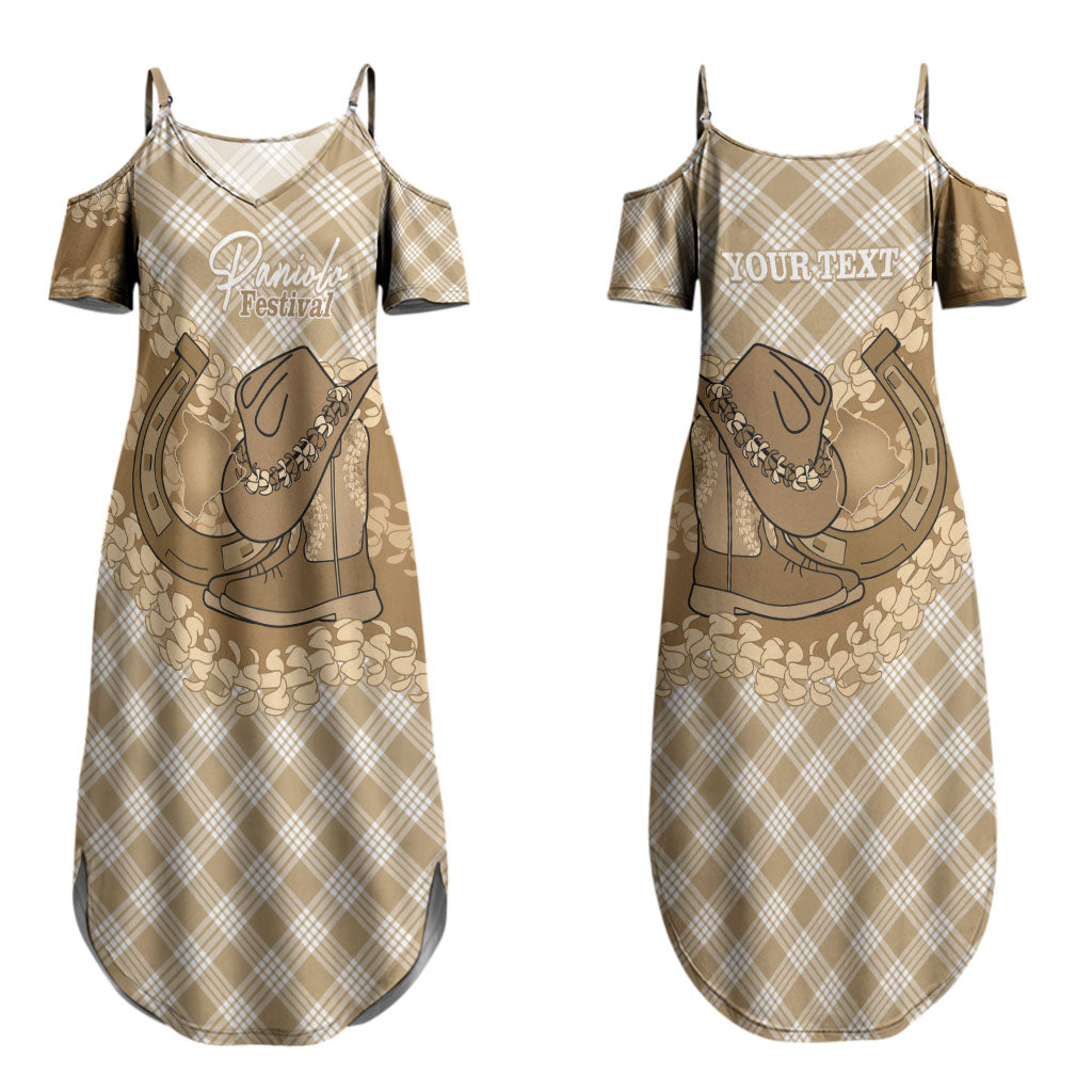Makue Hawaii Cowboy Palaka Motifs Personalised Couples Matching Summer Maxi Dress and Long Sleeve Button Shirt Paniolo Festival Puakenikeni Lei LT14 - Polynesian Pride