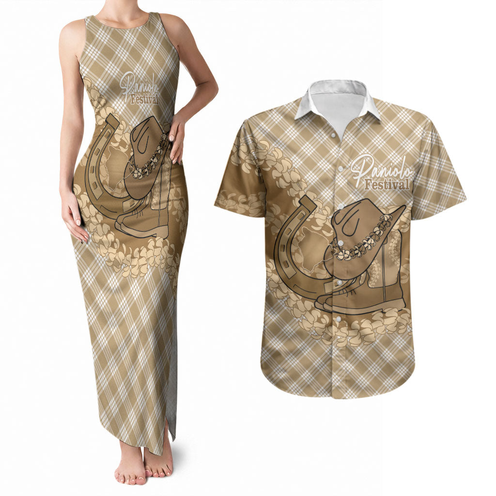 Makue Hawaii Cowboy Palaka Motifs Personalised Couples Matching Tank Maxi Dress and Hawaiian Shirt Paniolo Festival Puakenikeni Lei LT14 Brown - Polynesian Pride