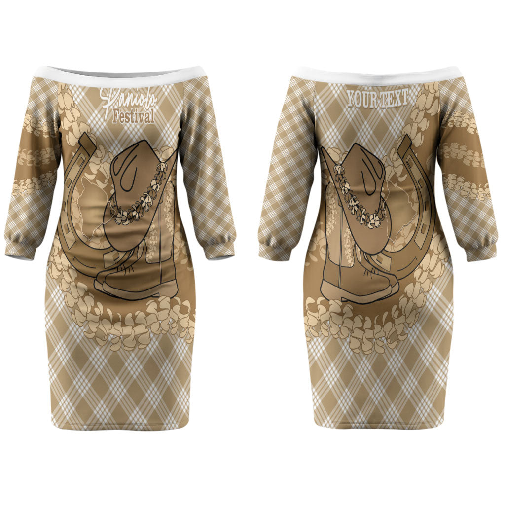 Makue Hawaii Cowboy Palaka Motifs Personalised Family Matching Off The Shoulder Long Sleeve Dress and Hawaiian Shirt Paniolo Festival Puakenikeni Lei LT14 Mom's Dress Brown - Polynesian Pride