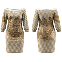 Makue Hawaii Cowboy Palaka Motifs Personalised Family Matching Off The Shoulder Long Sleeve Dress and Hawaiian Shirt Paniolo Festival Puakenikeni Lei LT14 Mom's Dress Brown - Polynesian Pride