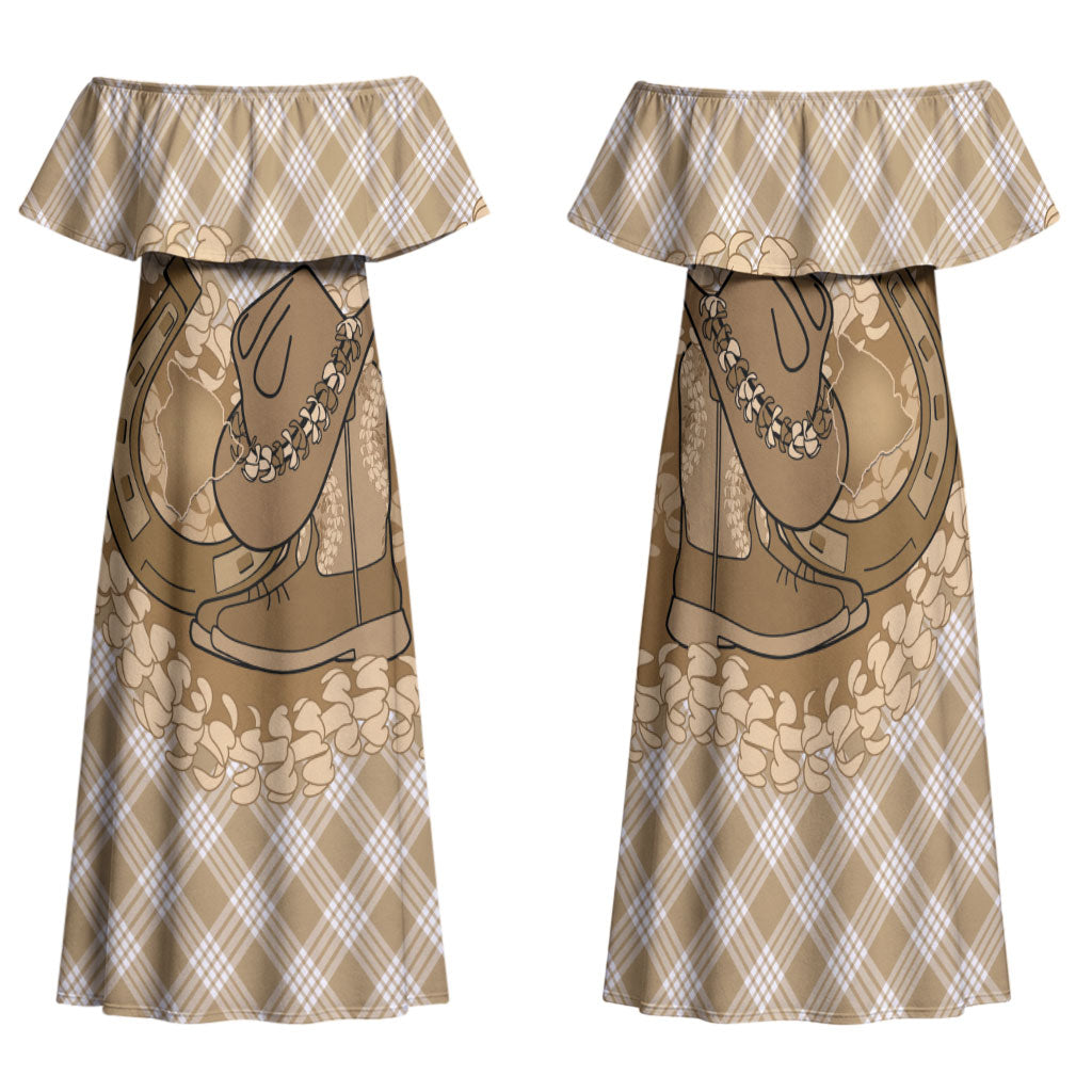Makue Hawaii Cowboy Palaka Motifs Personalised Family Matching Off Shoulder Maxi Dress and Hawaiian Shirt Paniolo Festival Puakenikeni Lei LT14 Mom's Dress Brown - Polynesian Pride