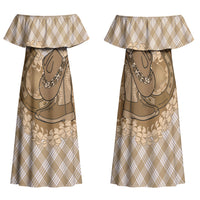 Makue Hawaii Cowboy Palaka Motifs Personalised Family Matching Off Shoulder Maxi Dress and Hawaiian Shirt Paniolo Festival Puakenikeni Lei LT14 Mom's Dress Brown - Polynesian Pride