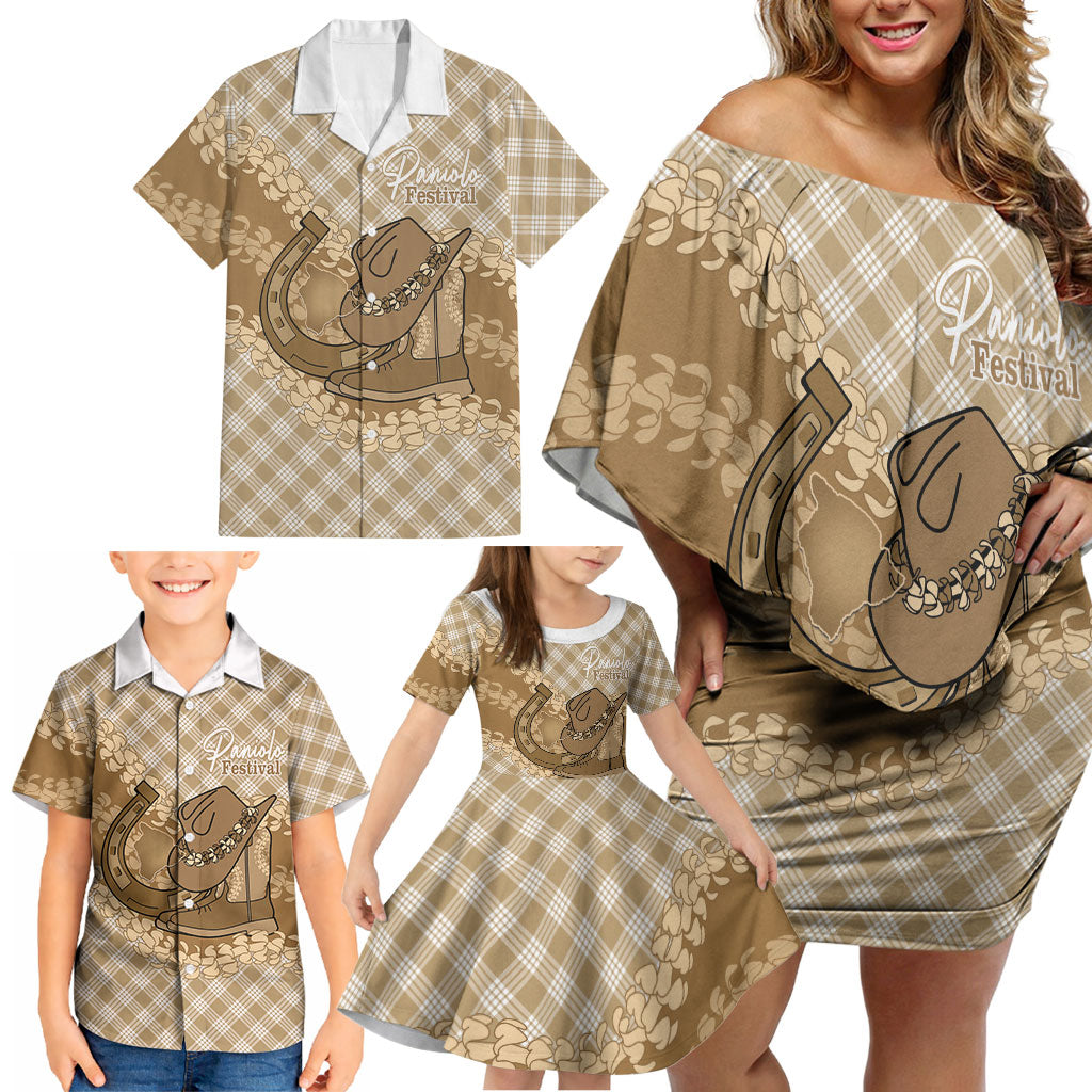 Makue Hawaii Cowboy Palaka Motifs Personalised Family Matching Off Shoulder Short Dress and Hawaiian Shirt Paniolo Festival Puakenikeni Lei LT14 - Polynesian Pride