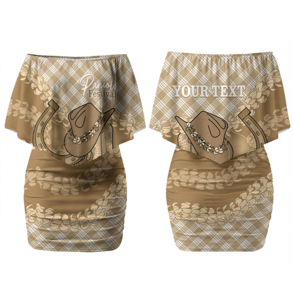 Makue Hawaii Cowboy Palaka Motifs Personalised Family Matching Off Shoulder Short Dress and Hawaiian Shirt Paniolo Festival Puakenikeni Lei LT14 Mom's Dress Brown - Polynesian Pride