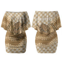 Makue Hawaii Cowboy Palaka Motifs Personalised Family Matching Off Shoulder Short Dress and Hawaiian Shirt Paniolo Festival Puakenikeni Lei LT14 Mom's Dress Brown - Polynesian Pride