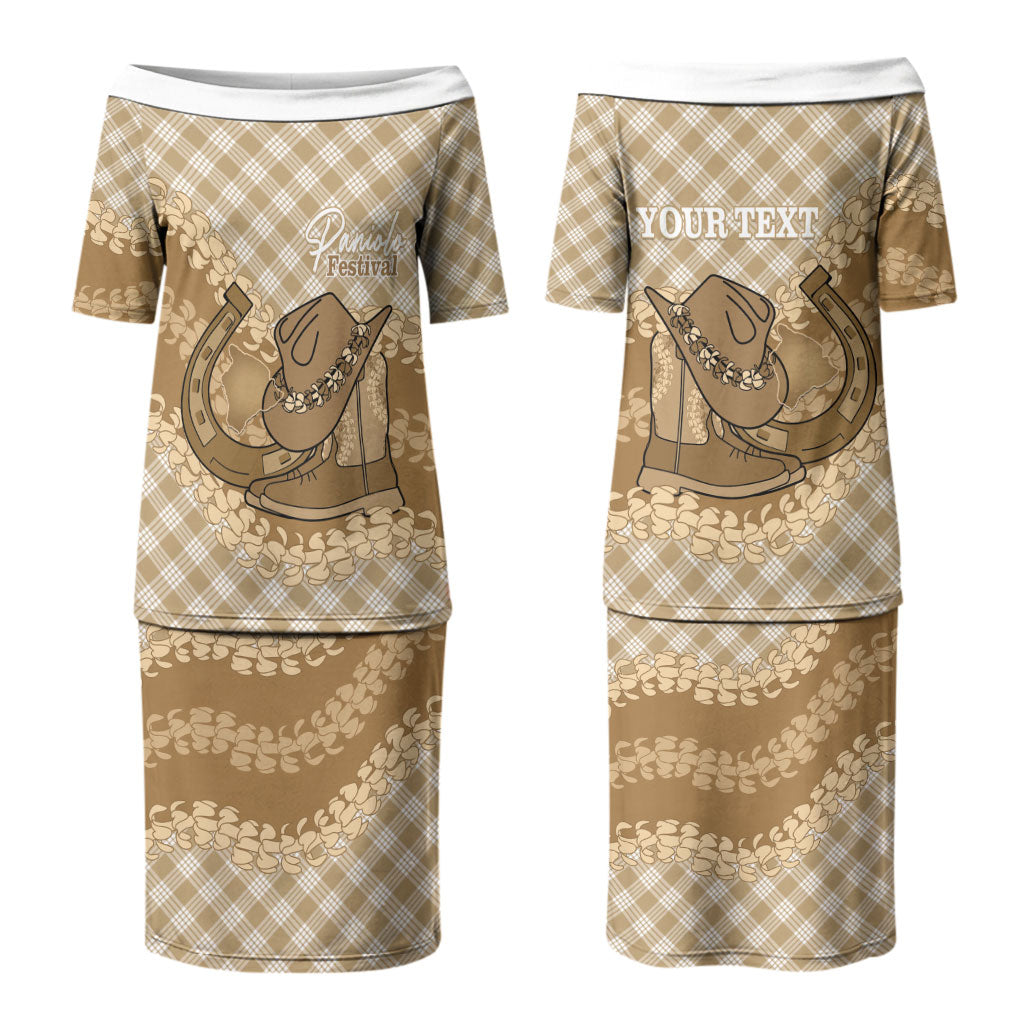 Makue Hawaii Cowboy Palaka Motifs Personalised Family Matching Puletasi and Hawaiian Shirt Paniolo Festival Puakenikeni Lei LT14 Mom's Dress Brown - Polynesian Pride