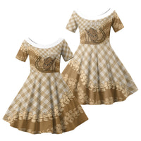 Makue Hawaii Cowboy Palaka Motifs Personalised Family Matching Puletasi and Hawaiian Shirt Paniolo Festival Puakenikeni Lei LT14 Daughter's Dress Brown - Polynesian Pride