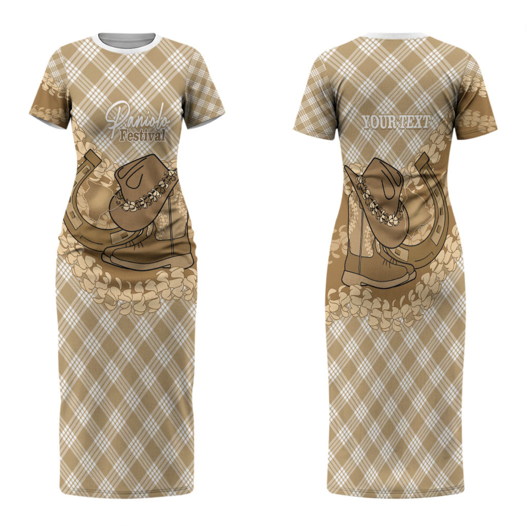 Makue Hawaii Cowboy Palaka Motifs Personalised Family Matching Short Sleeve Bodycon Dress and Hawaiian Shirt Paniolo Festival Puakenikeni Lei LT14 Mom's Dress Brown - Polynesian Pride
