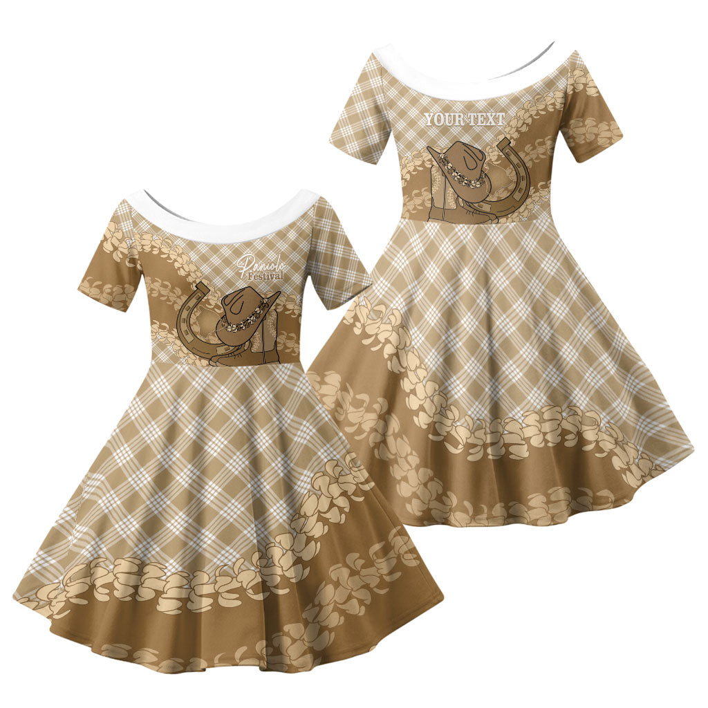 Makue Hawaii Cowboy Palaka Motifs Personalised Family Matching Tank Maxi Dress and Hawaiian Shirt Paniolo Festival Puakenikeni Lei LT14 Daughter's Dress Brown - Polynesian Pride