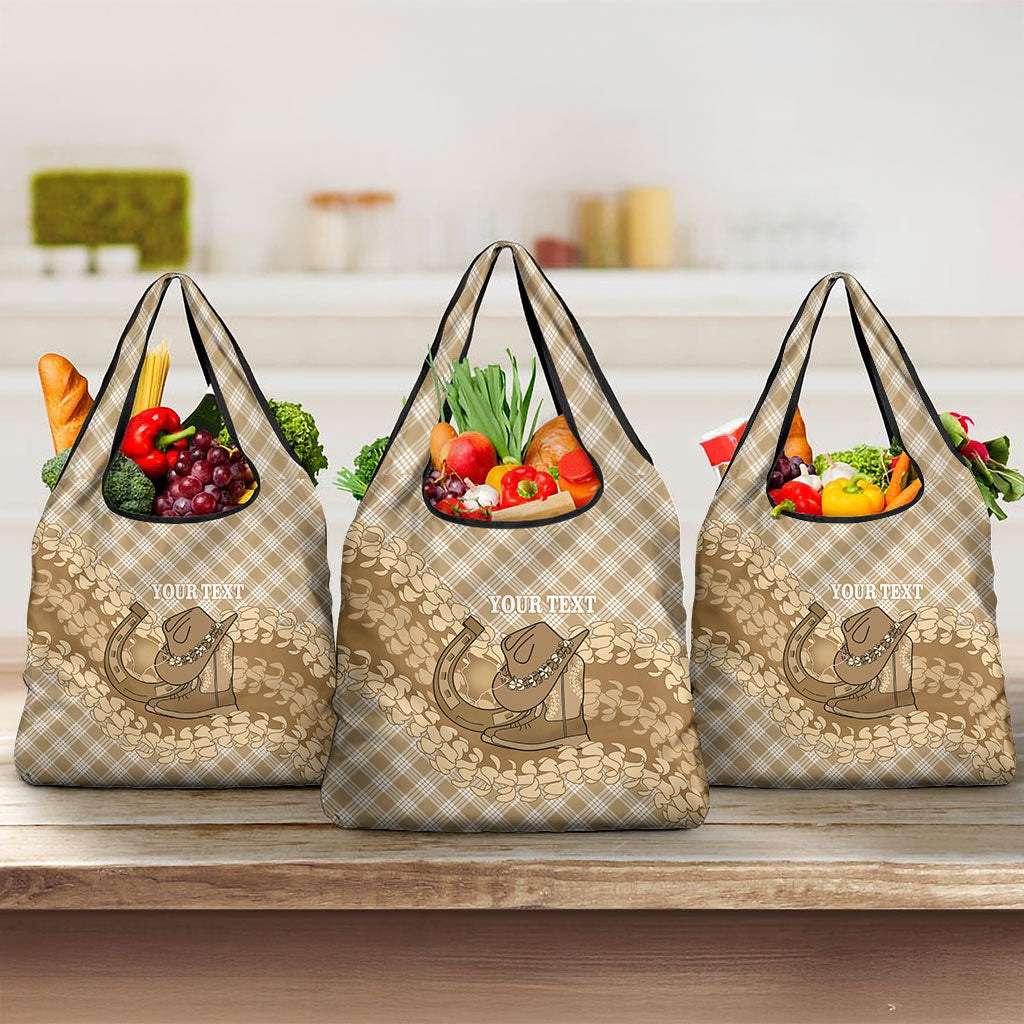 Makue Hawaii Cowboy Palaka Motifs Personalised Grocery Bag Paniolo Festival Puakenikeni Lei LT14 3-pack One Size Brown - Polynesian Pride