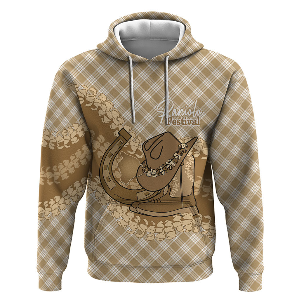 Makue Hawaii Cowboy Palaka Motifs Personalised Hoodie Paniolo Festival Puakenikeni Lei LT14 Pullover Hoodie Brown - Polynesian Pride