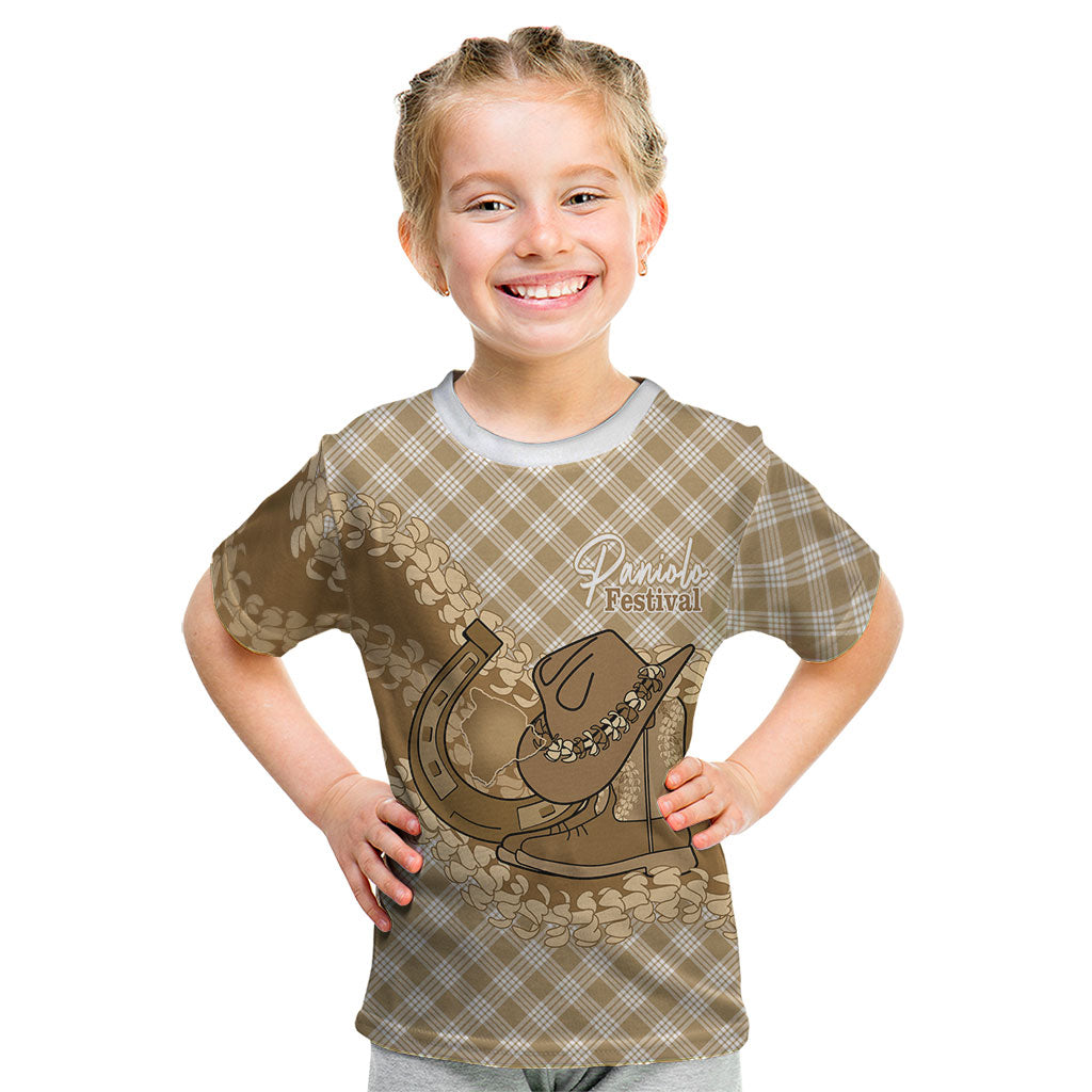 Makue Hawaii Cowboy Palaka Motifs Personalised Kid T Shirt Paniolo Festival Puakenikeni Lei LT14 Brown - Polynesian Pride