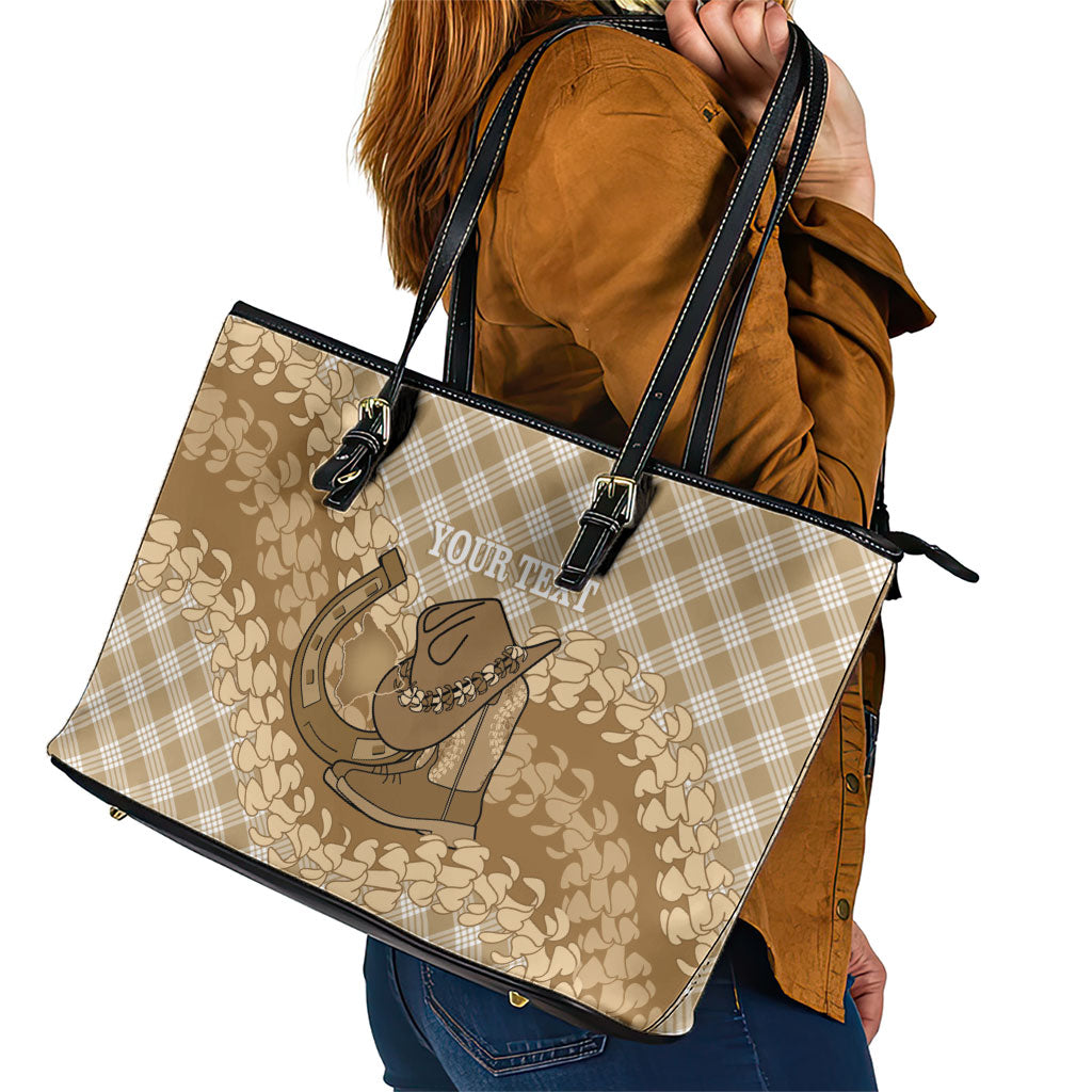 Makue Hawaii Cowboy Palaka Motifs Personalised Leather Tote Bag Paniolo Festival Puakenikeni Lei LT14 - Polynesian Pride