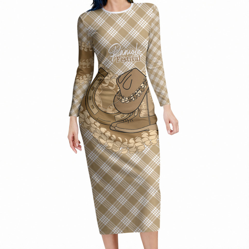 Makue Hawaii Cowboy Palaka Motifs Personalised Long Sleeve Bodycon Dress Paniolo Festival Puakenikeni Lei LT14 Long Dress Brown - Polynesian Pride