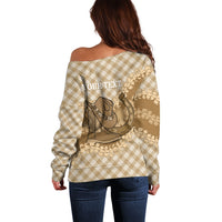 Makue Hawaii Cowboy Palaka Motifs Personalised Off Shoulder Sweater Paniolo Festival Puakenikeni Lei LT14 - Polynesian Pride