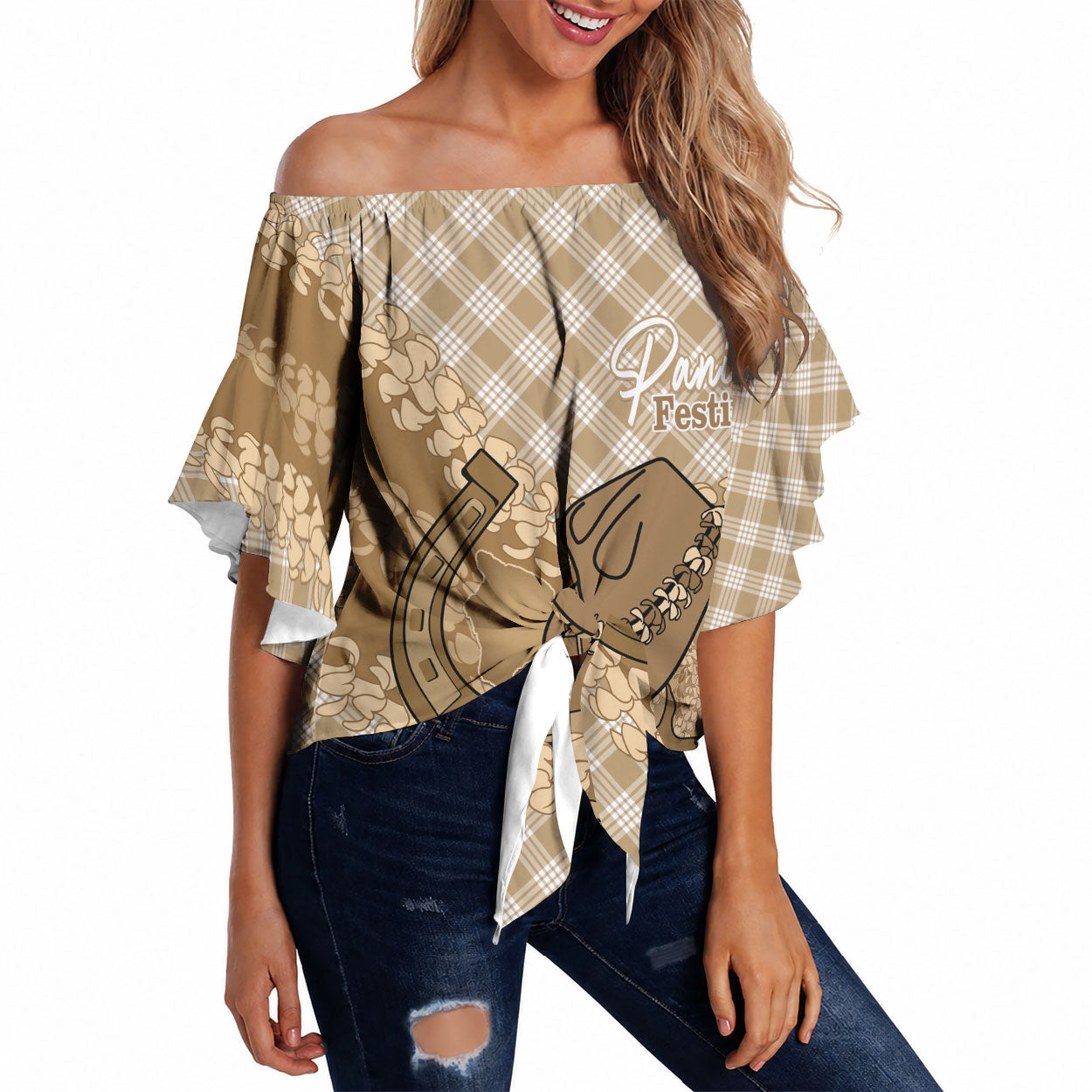 Makue Hawaii Cowboy Palaka Motifs Personalised Off Shoulder Wrap Waist Top Paniolo Festival Puakenikeni Lei LT14 Brown - Polynesian Pride