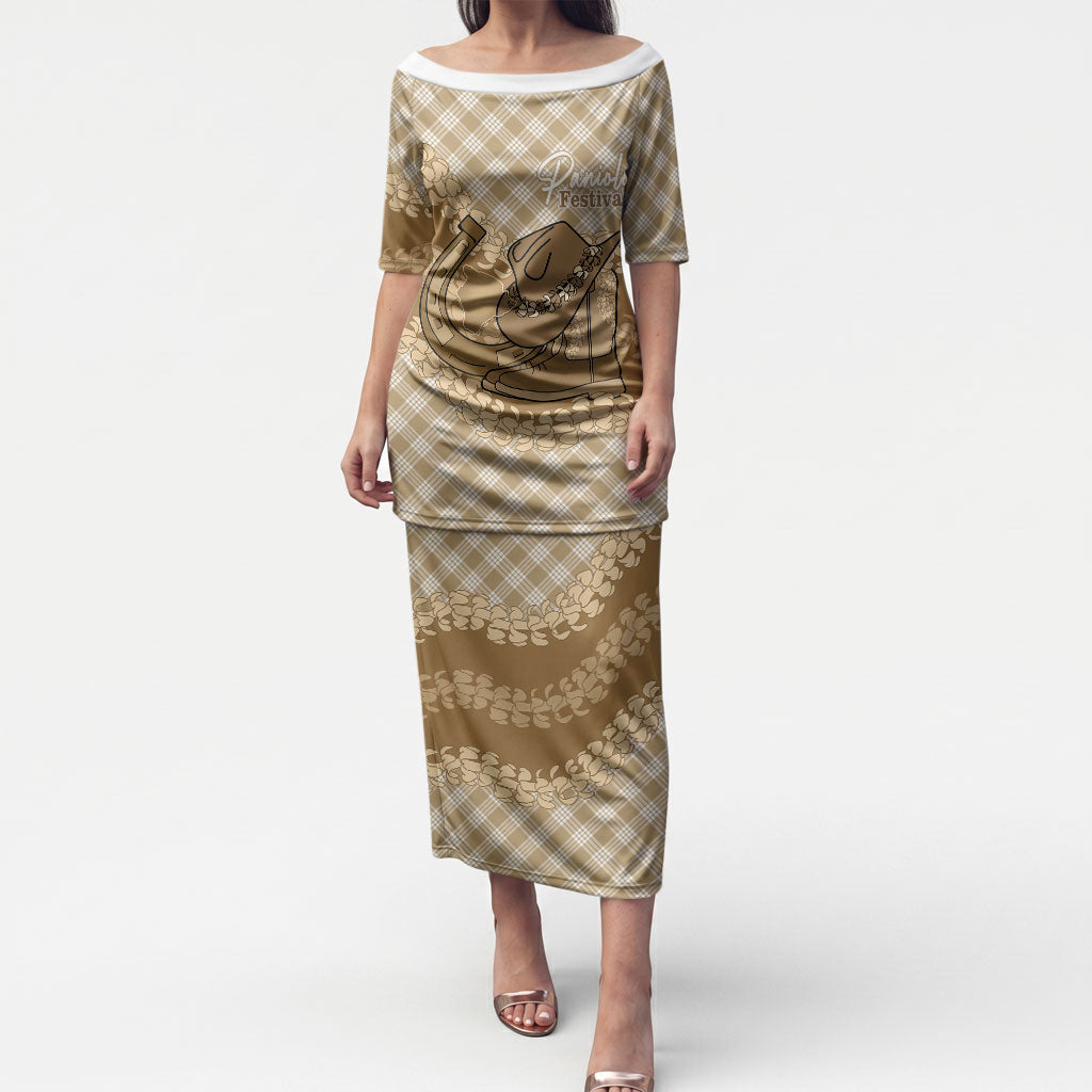 Makue Hawaii Cowboy Palaka Motifs Personalised Puletasi Paniolo Festival Puakenikeni Lei LT14 Long Dress Brown - Polynesian Pride