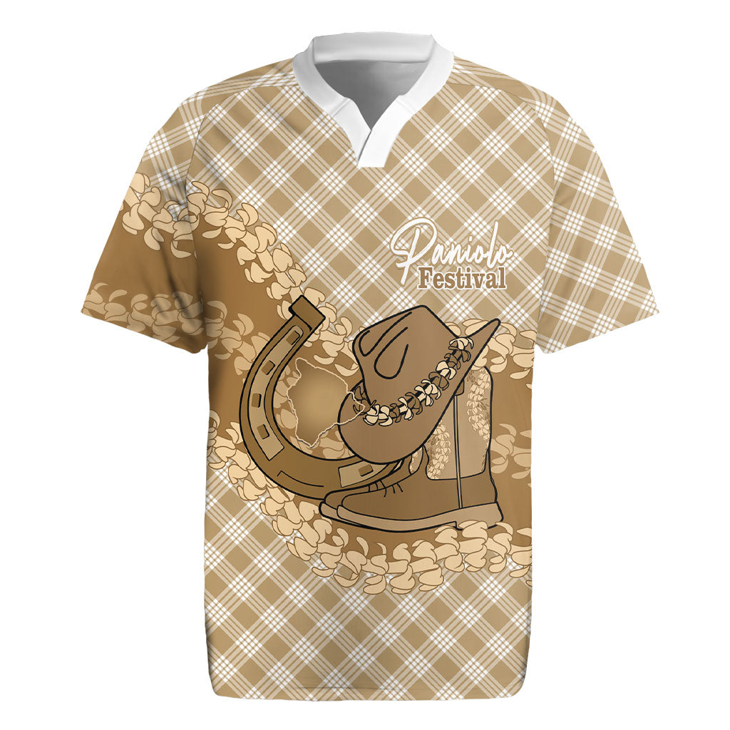 Makue Hawaii Cowboy Palaka Motifs Personalised Rugby Jersey Paniolo Festival Puakenikeni Lei LT14 Brown - Polynesian Pride
