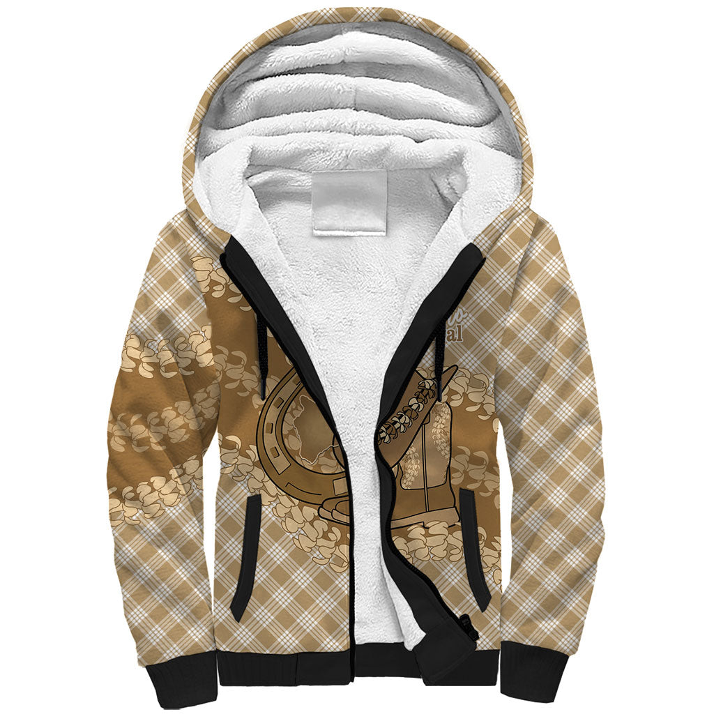 Makue Hawaii Cowboy Palaka Motifs Personalised Sherpa Hoodie Paniolo Festival Puakenikeni Lei LT14 Unisex Brown - Polynesian Pride