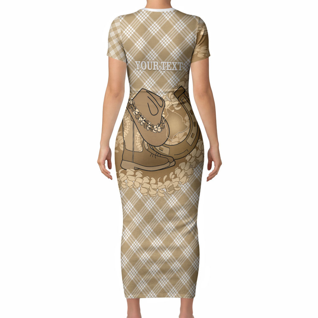 Makue Hawaii Cowboy Palaka Motifs Personalised Short Sleeve Bodycon Dress Paniolo Festival Puakenikeni Lei LT14 - Polynesian Pride