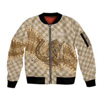 Makue Hawaii Cowboy Palaka Motifs Personalised Sleeve Zip Bomber Jacket Paniolo Festival Puakenikeni Lei LT14 Unisex Brown - Polynesian Pride