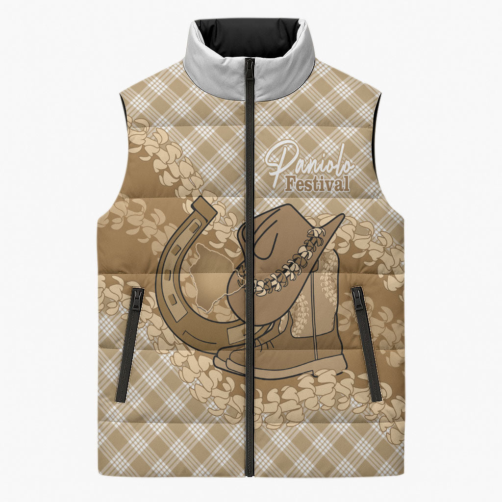 Makue Hawaii Cowboy Palaka Motifs Personalised Sleeveless Puffer Jacket Paniolo Festival Puakenikeni Lei LT14 Unisex Brown - Polynesian Pride