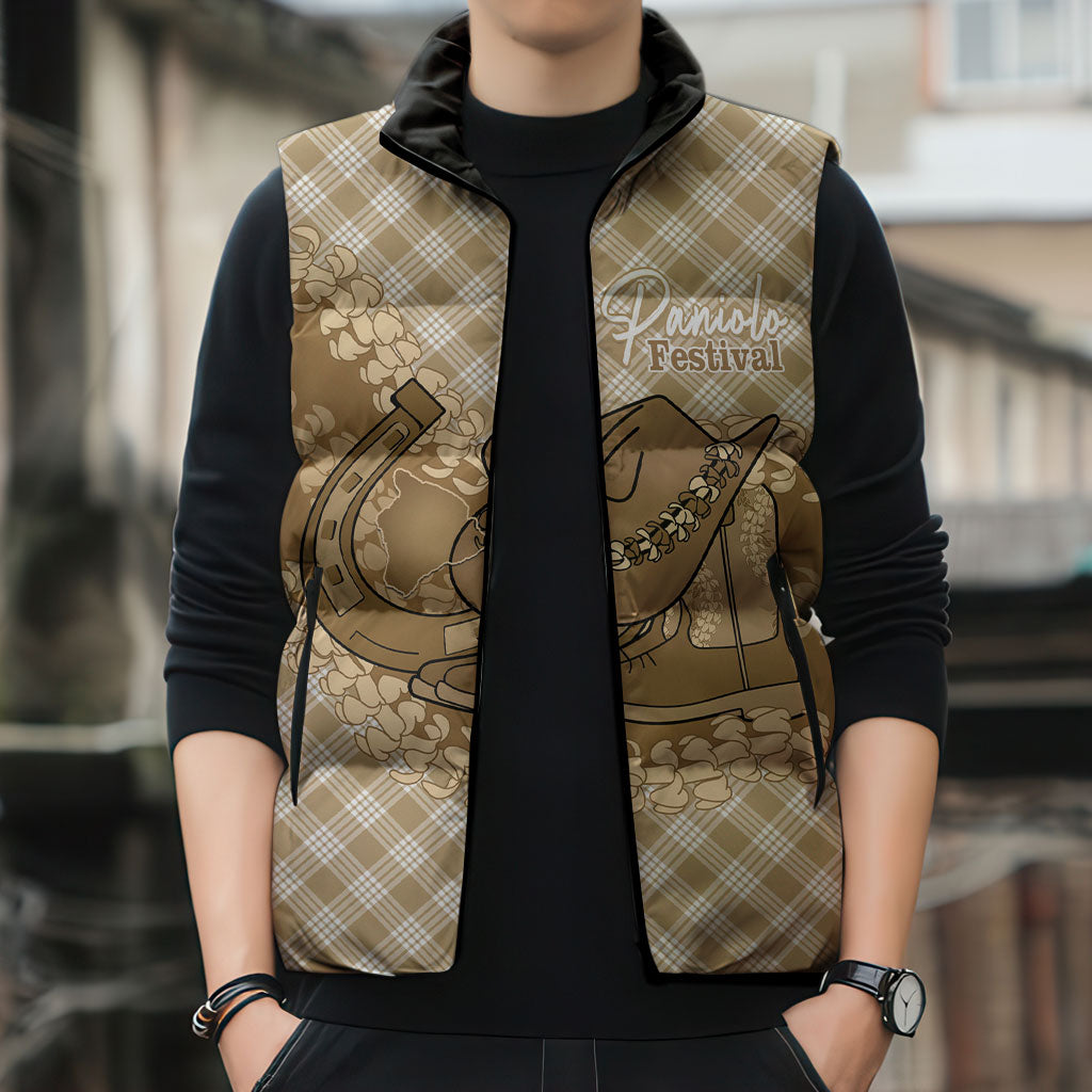 Makue Hawaii Cowboy Palaka Motifs Personalised Sleeveless Puffer Jacket Paniolo Festival Puakenikeni Lei LT14 - Polynesian Pride