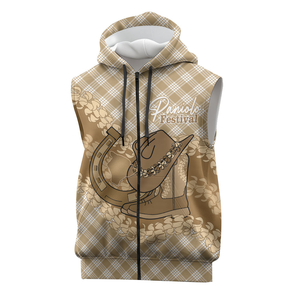Makue Hawaii Cowboy Palaka Motifs Personalised Sleeveless Zip Hoodie Paniolo Festival Puakenikeni Lei LT14 Brown - Polynesian Pride