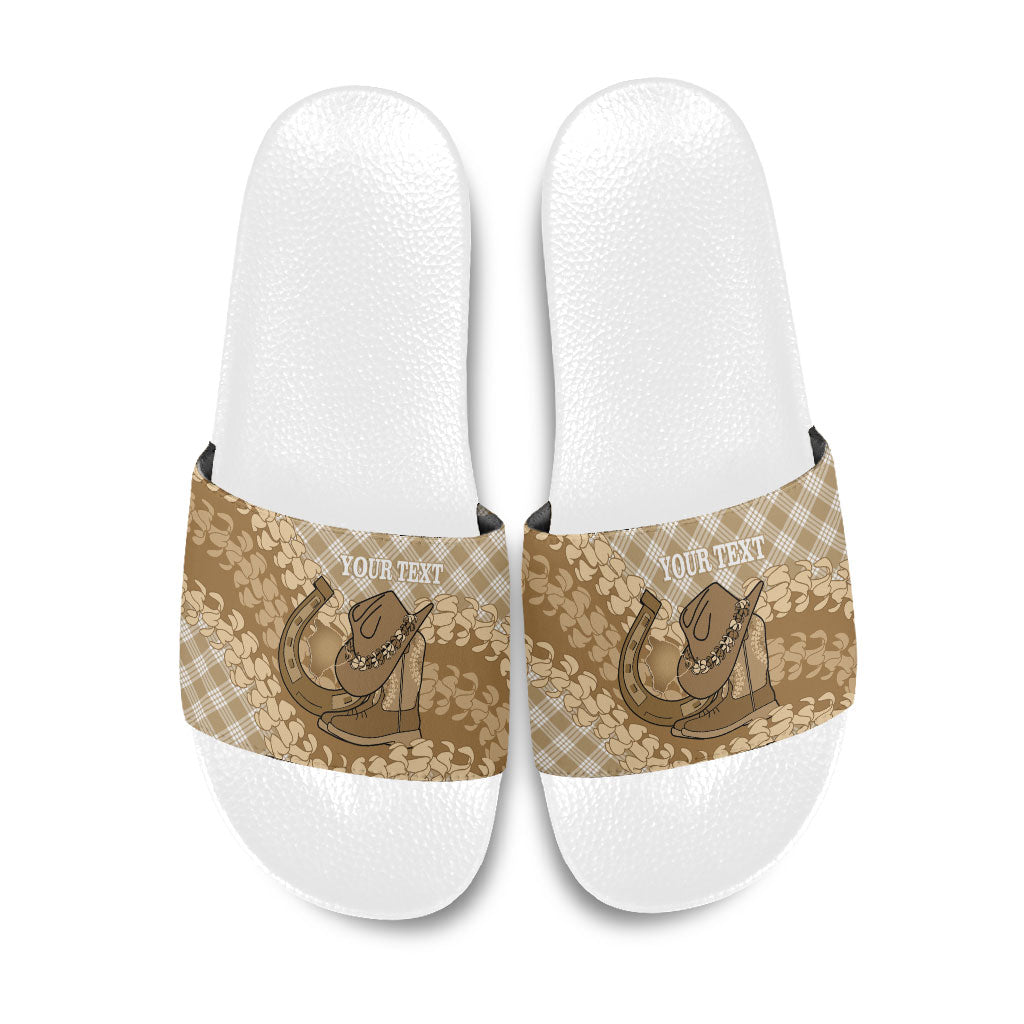 Makue Hawaii Cowboy Palaka Motifs Personalised Slide Sandals Paniolo Festival Puakenikeni Lei LT14 Brown - Polynesian Pride