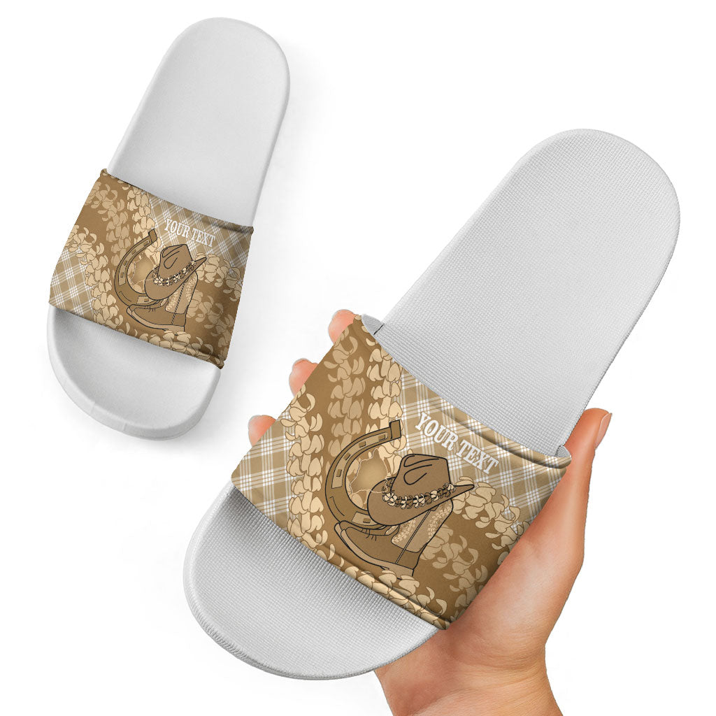 Makue Hawaii Cowboy Palaka Motifs Personalised Slide Sandals Paniolo Festival Puakenikeni Lei LT14 - Polynesian Pride