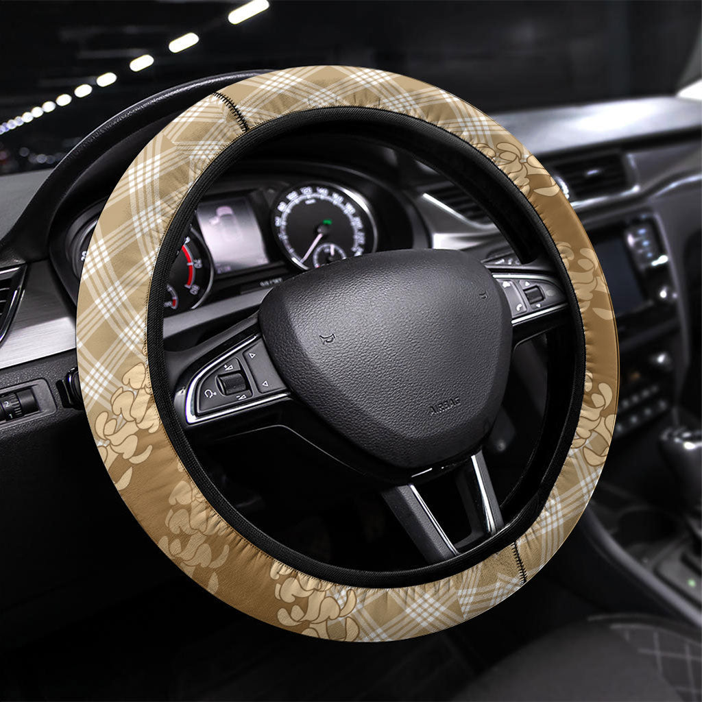 Makue Hawaii Cowboy Palaka Motifs Steering Wheel Cover Paniolo Festival Puakenikeni Lei LT14 Universal Fit Brown - Polynesian Pride