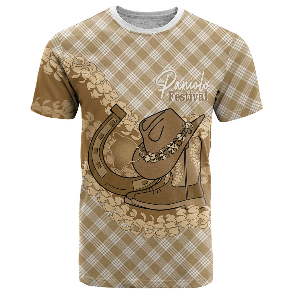 Makue Hawaii Cowboy Palaka Motifs Personalised T Shirt Paniolo Festival Puakenikeni Lei LT14 Brown - Polynesian Pride
